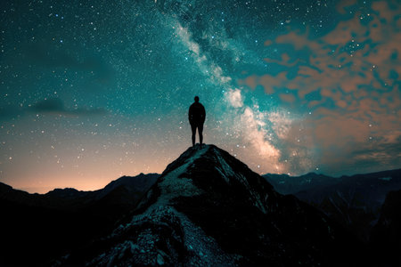 A silhouette of a person stargazing on a mountaintopの素材