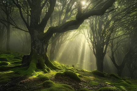 A mystical woodland with fog and sunbeamsの素材