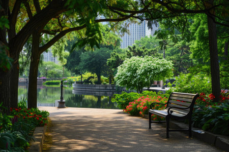 A peaceful park scene in the heart of the cityの素材