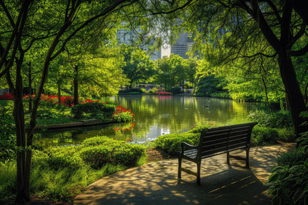 A peaceful park scene in the heart of the cityの素材
