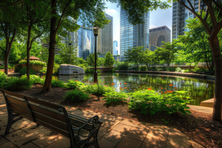 A peaceful park scene in the heart of the cityの素材