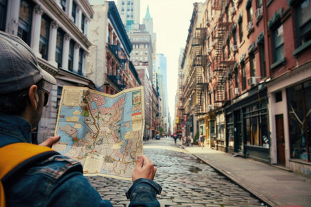 A person exploring city streets with a vintage mapの素材
