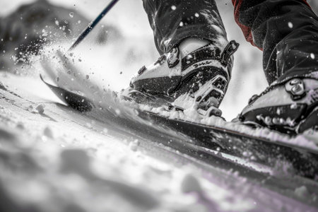 Close-up action shot of skiing or snowboarding down a mountain slopeの素材