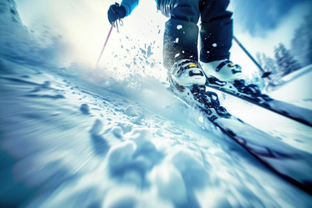 Close-up action shot of skiing or snowboarding down a mountain slopeの素材