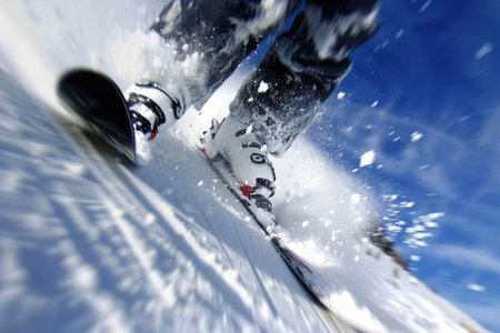 Close-up action shot of skiing or snowboarding down a mountain slopeの素材