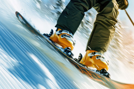 Close-up action shot of skiing or snowboarding down a mountain slopeの素材