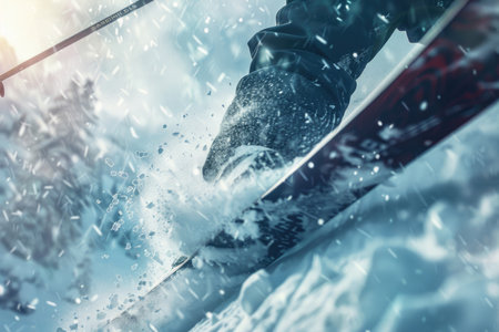 Close-up action shot of skiing or snowboarding down a mountain slopeの素材