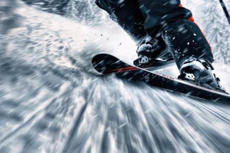 Close-up action shot of skiing or snowboarding down a mountain slopeの素材