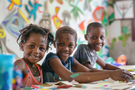 Three smiling kids looking at the camera during a workshopの素材