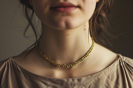 Close-up of a young woman wearing an elegant golden chain necklace on a neutral backgroundの素材