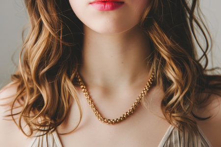 Close-up of a young woman wearing an elegant golden chain necklace on a neutral backgroundの素材