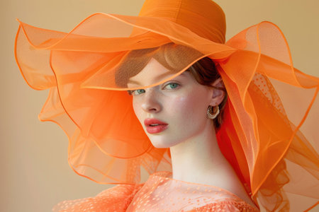 A chic young woman adorned in Peach Fuzz attire, radiating eleganceの素材