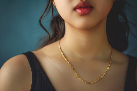 A young woman wearing an elegant golden necklaceの素材
