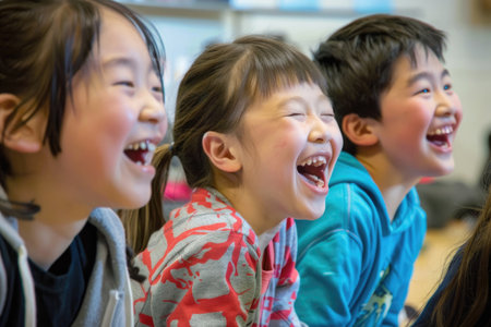 Three children's faces beaming with happiness as they participate in a workshopの素材