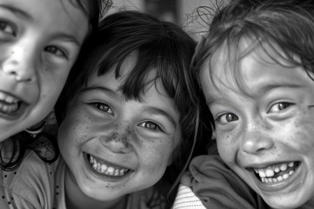 Three children's faces beaming with happiness as they participate in a workshopの素材