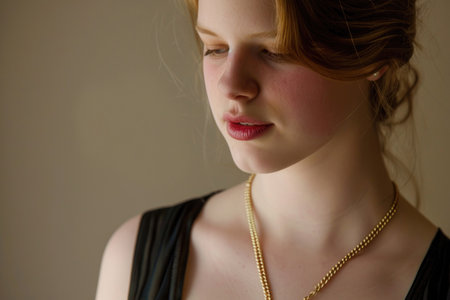 A young woman wearing an elegant golden necklaceの素材