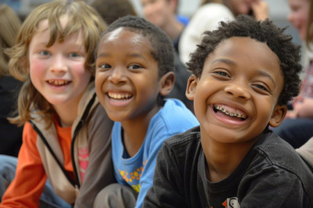 Three children's faces beaming with happiness as they participate in a workshopの素材