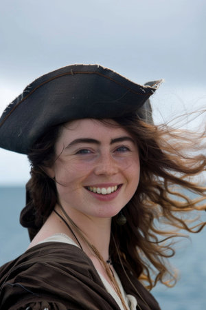 A young, smiling woman pirate in a hat, against an ocean backdrop, with windswept hairの素材