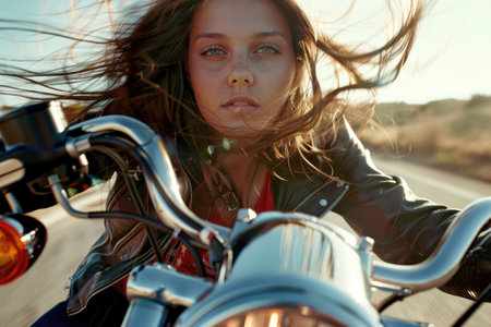 Close-up of a young woman riding a motorcycle, hair flowing in the windの素材
