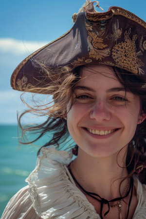 A young, smiling woman pirate in a hat, against an ocean backdrop, with windswept hairの素材