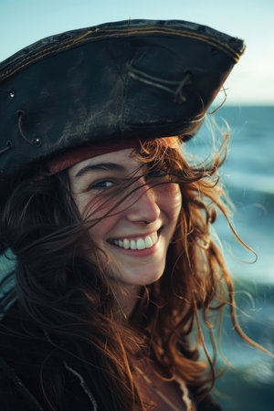 A young, smiling woman pirate in a hat, against an ocean backdrop, with windswept hairの素材