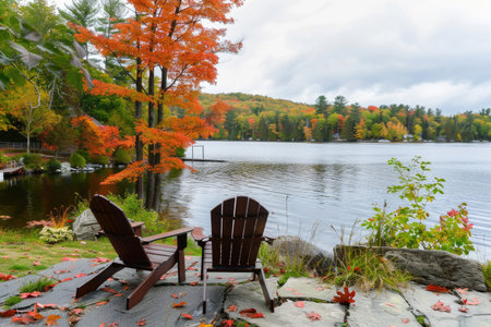 Serene lake scene with vibrant autumn colorsの素材