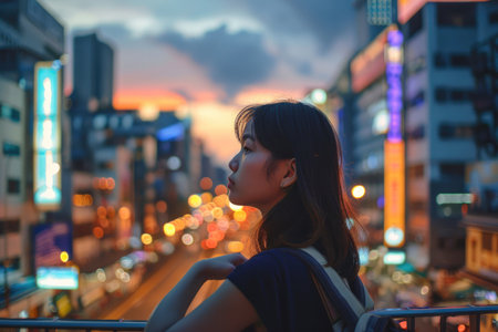 A young woman exploring a vibrant cityscape at duskの素材