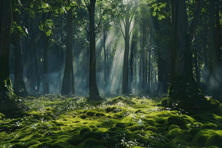 A serene woodland scene with sunlight filtering through the trees onto a moss-covered forest floorの素材