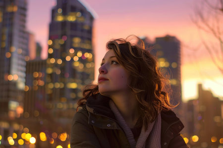 A young woman exploring a vibrant cityscape at duskの素材