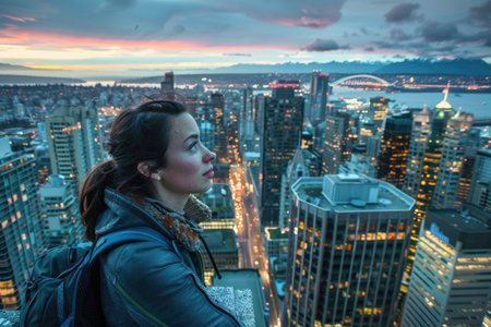A young woman exploring a vibrant cityscape at duskの素材