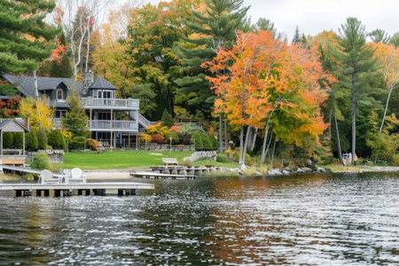 Serene lake scene with vibrant autumn colorsの素材