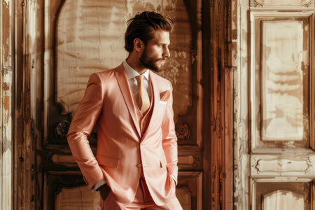 A sophisticated man in Peach Fuzz tones exudes eleganceの素材