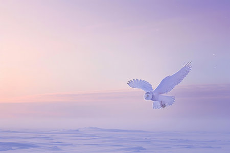 A snowy owl in flight against a twilight Arctic skyの素材
