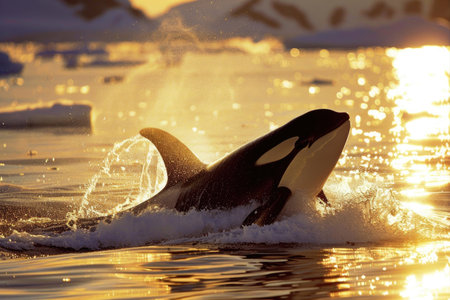 An orca surfaces in Arctic waters under the midnight sunの素材