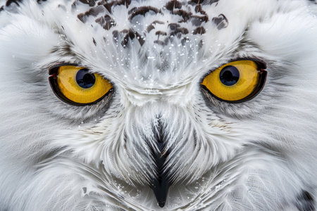 Intimate close-up of a snowy owl's face, eyes piercing the soulの素材