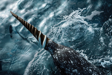 Intense close-up of a narwhal's tusk against icy blue watersの素材