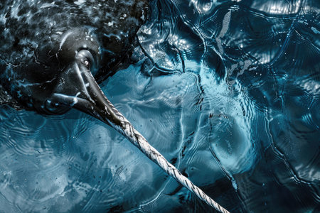 Intense close-up of a narwhal's tusk against icy blue watersの素材