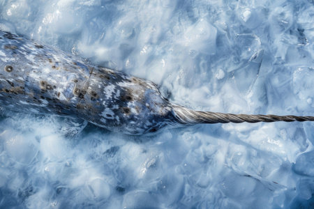 Intense close-up of a narwhal's tusk against icy blue watersの素材