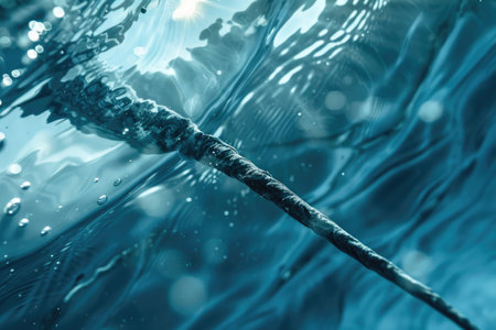 Intense close-up of a narwhal's tusk against icy blue watersの素材