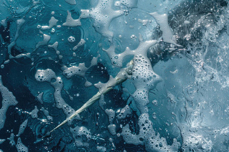 Intense close-up of a narwhal's tusk against icy blue watersの素材