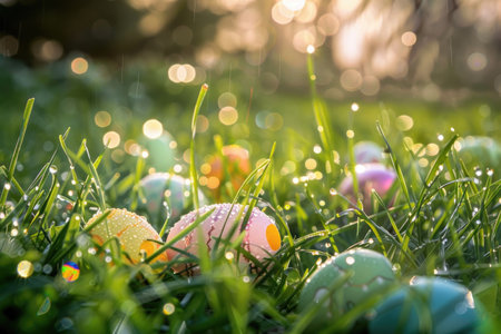 Colorful Easter eggs nestled in morning dew grassの素材