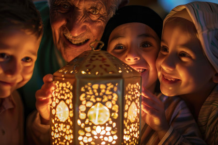 A family's joyful faces illuminated by Ramadan lantern lightの素材