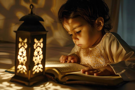 A child reading the Quran under a lantern's soft lightの素材
