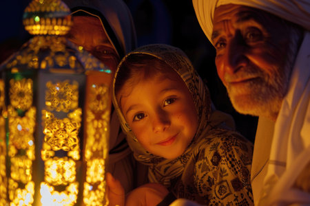 A family's joyful faces illuminated by Ramadan lantern lightの素材