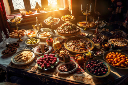 A bountiful iftar table spread with traditional Ramadan dishesの素材