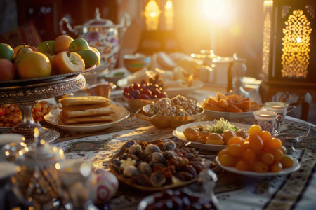 A bountiful iftar table spread with traditional Ramadan dishesの素材
