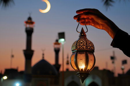 Hands holding a lit lantern, with the moon over a mosqueの素材