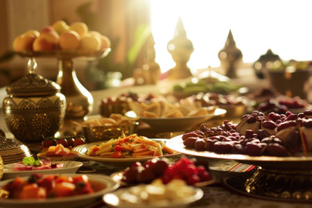 A bountiful iftar table spread with traditional Ramadan dishesの素材
