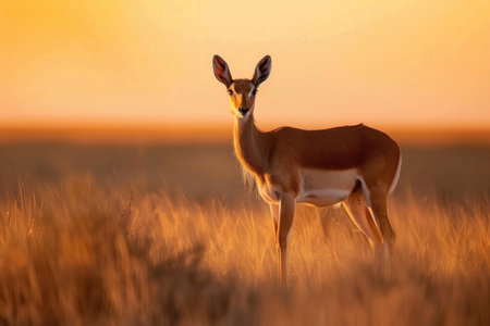 A lone antelope stands alert in the twilight of the grasslandsの素材