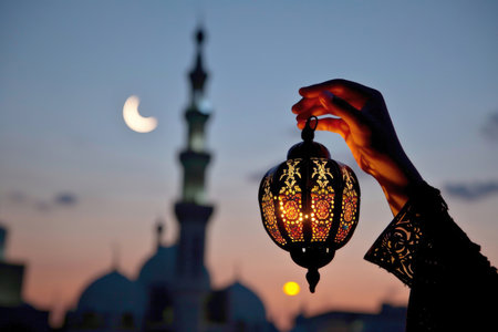Hands holding a lit lantern, with the moon over a mosqueの素材